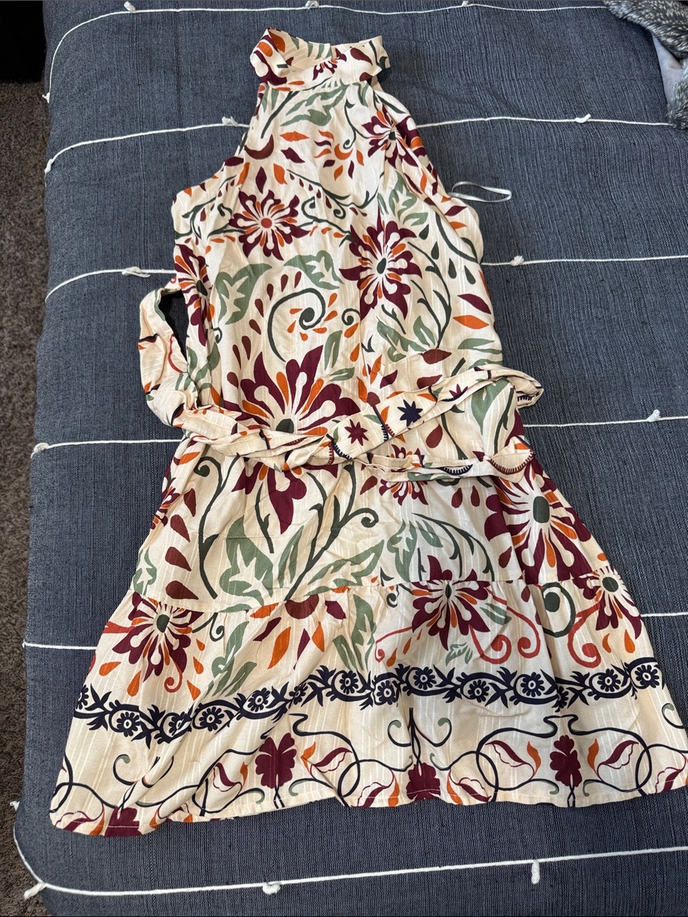 High-Neck Floral Halter Dress in Cream with Multicolor Print